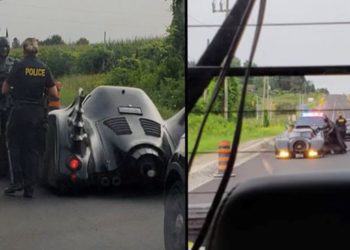 L'incredibile scena del sosia di Batman fermato per eccesso di velocità con la batmobile